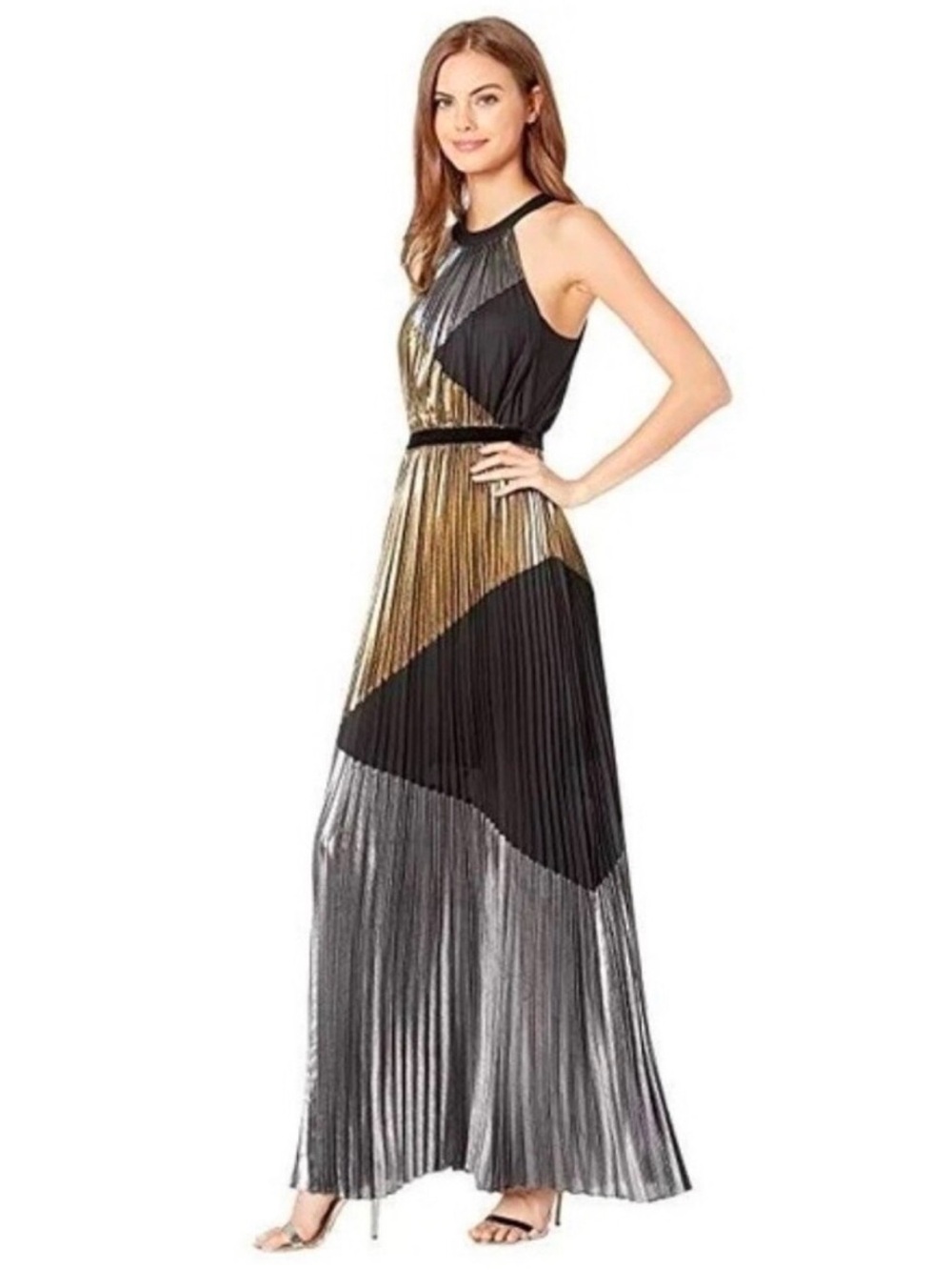 BCBGMAXAZRIA Metallic Colorblock Pleated Halter Gown Dress Gold Black L